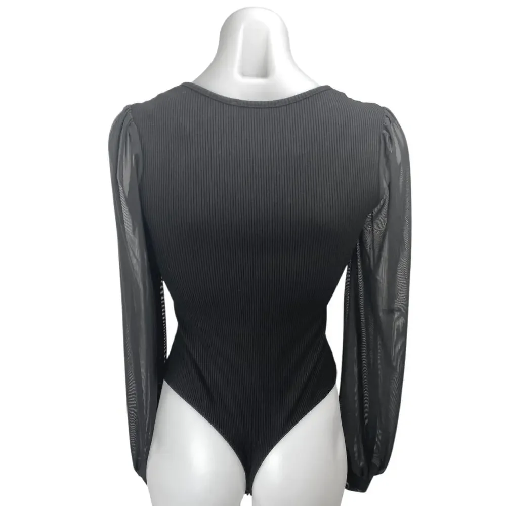 Lulus Black Long Sleeve Mesh Ribbed Knit Sweetheart Blouse Bodycon Top Size S